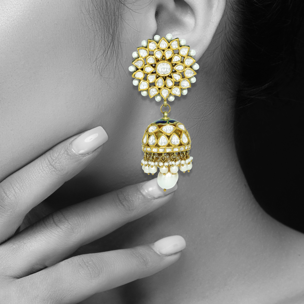 Floral Polki Jhumkas with Pearl Tassels and Dome Design